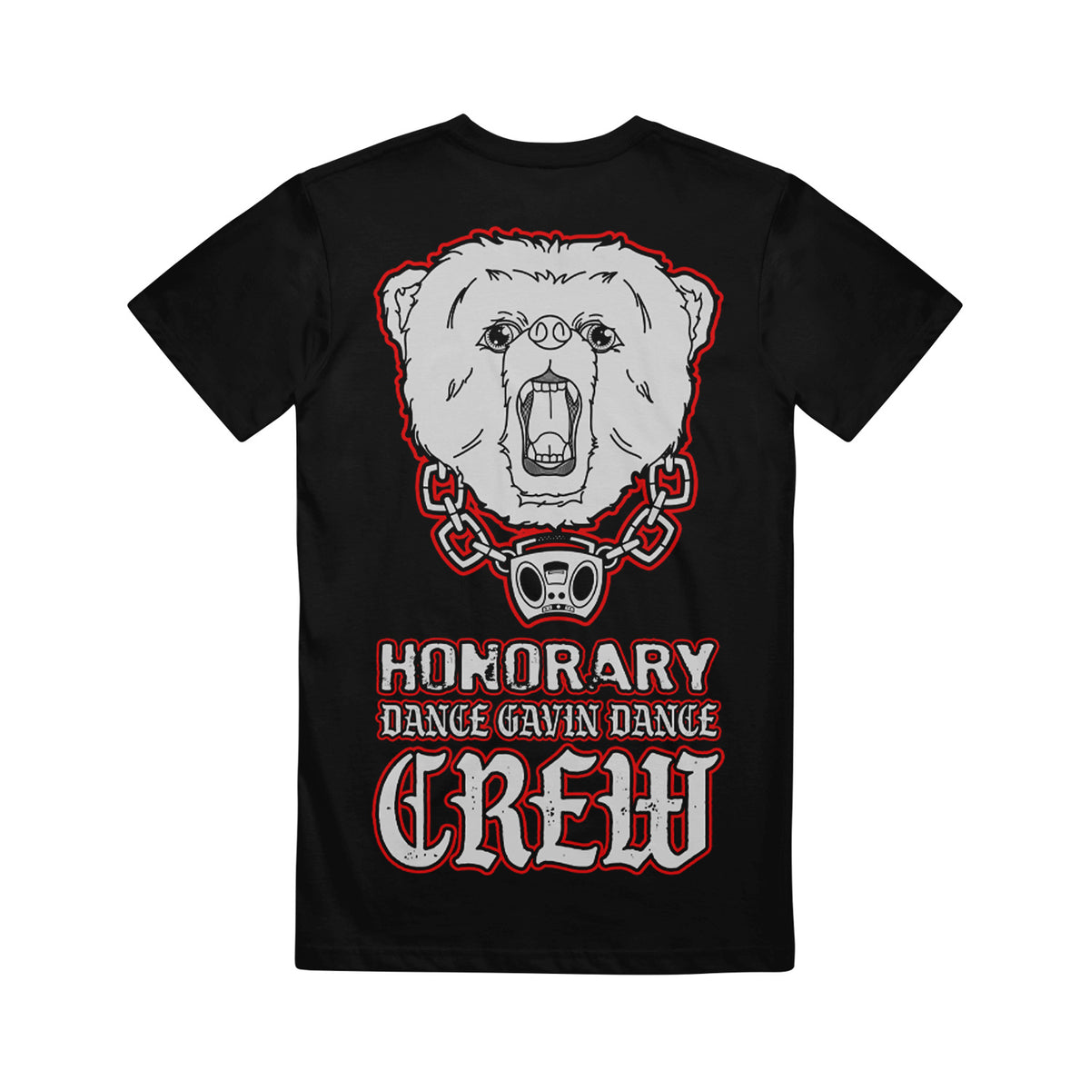 image of the back of a black tee shirt on a white background. tee has full print of a bear head wearing a chain necklace. below says honorary dance gavin dance crew