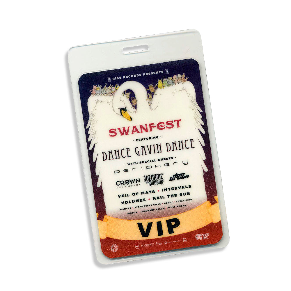image of a plastic laminate on a white background. the lamitinate is for VIP access to the 2019 swanfest and has the bands that played that year on it with an image of a white swan and characters on the wings.