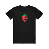 image of a black tee shirt on a white background, tee has small center chest print that says dance gavin dance in the shape of a strawberry