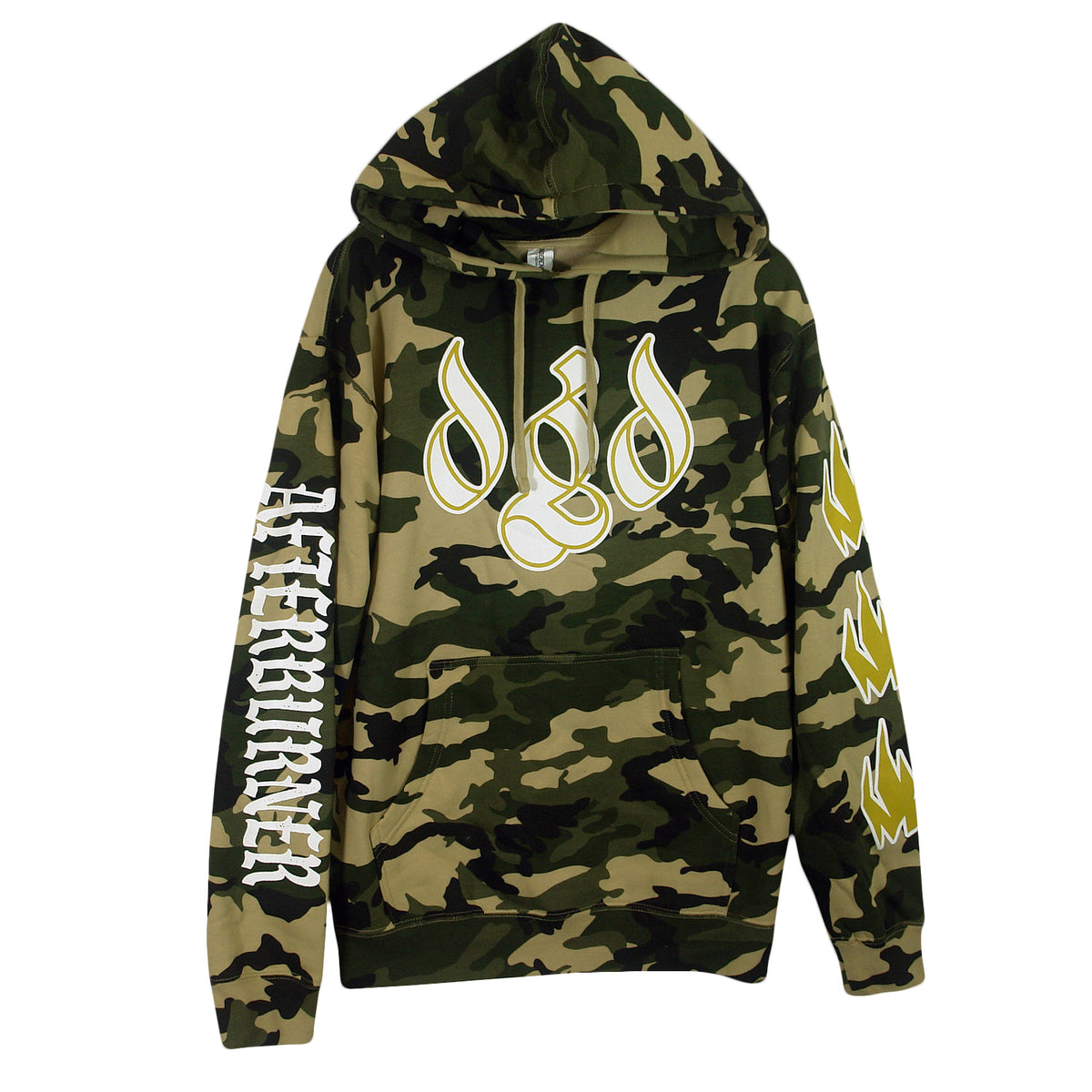 image of the front of a camo pullover hoodie on a white background. hoodie has a center chest print in white of the letters D G D. left sleeve has white print that says afterburner., and the yellow flames on the right sleeve.