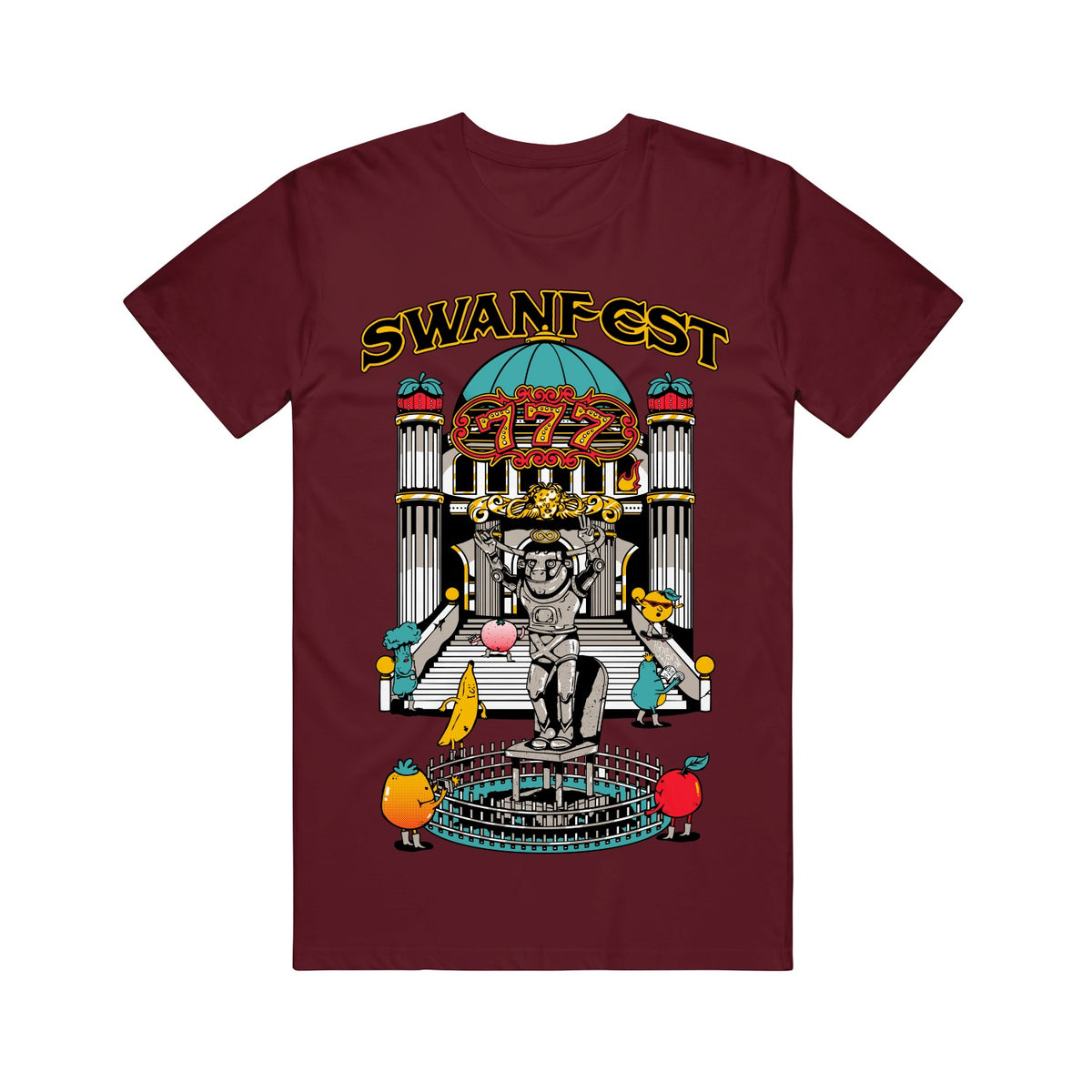 image of a burgundy tee shirt on a white background. tee has full body print that says swanfest at the top. below is a rocky statue in front of a two columned casino. surrounded by fruits