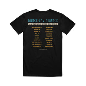 image of the back of a black tee shirt on a white background. back of the tee has a full back print of their Summer 2022 tour dates and locations