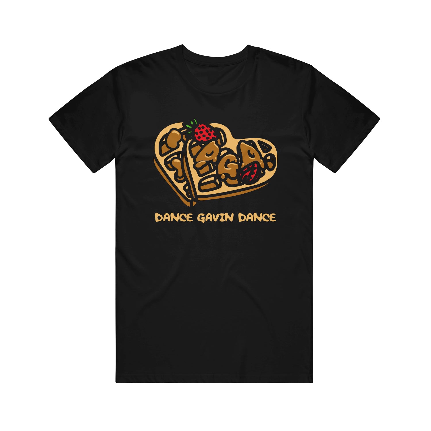 image of a black tee shirt on a white background. the tee has a center chest print of two waffles in the shape of a heart. two strawberries on the waffles and below says dance gavin dance