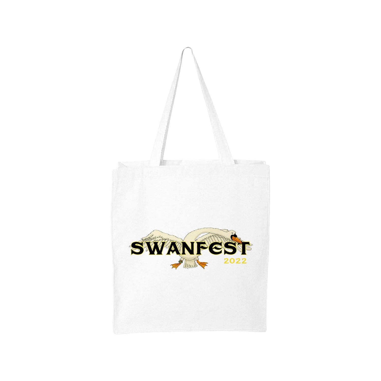 image of a white tote bag on a white background. the tote bag has the handles extended up and a large print on the front of a swan with the wings extended and says swanfest over the swan in black and 2022 in yellow below on the right,