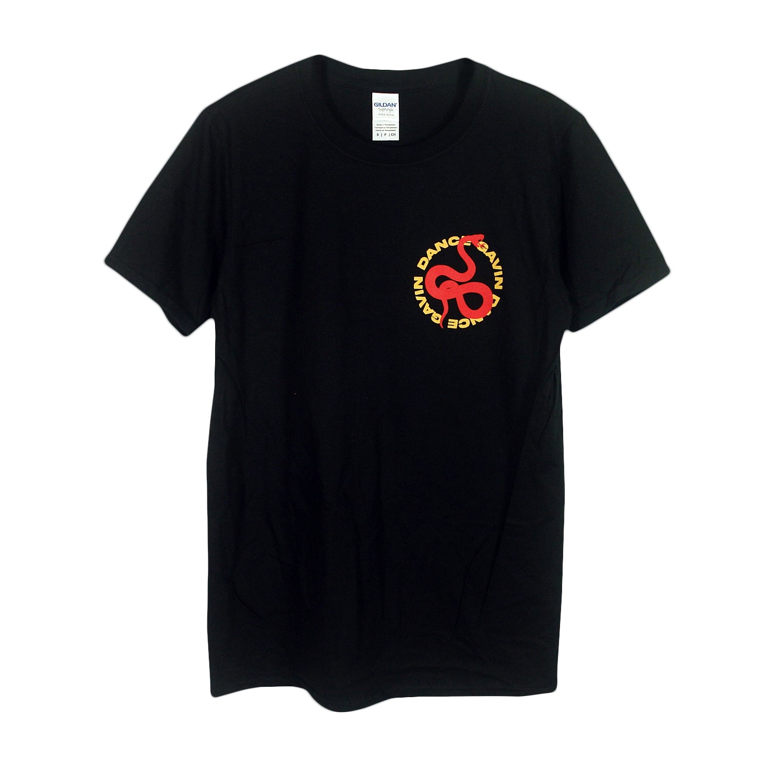 image of the front of a black tee shirt on a white background. tee has a small right chest print of a snake. around the snake says dance gavin dance. 