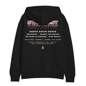 image of the back of a black zip up hoodie on a white background. the hoodie has a full back print that says swan fest across the top and below that has the bands that played at the 2019 swanfest.