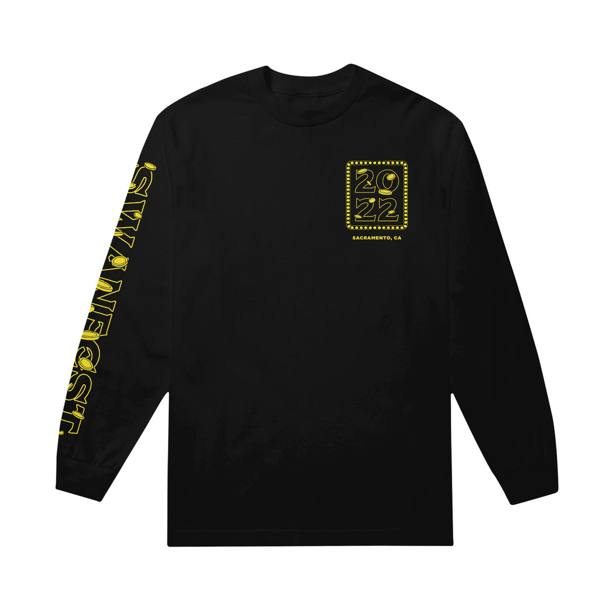 image of a black long sleeve tee shirt on a white background. there is a small chest print on the right that says 2022 inside a rectangle in yellow print, and a full sleeve print on the left that says in yellow print, swanfest