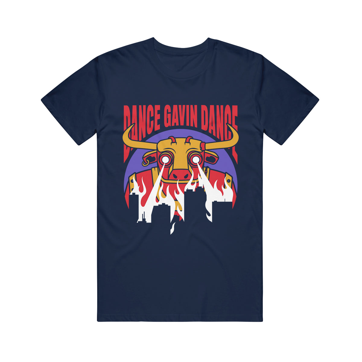 navy tee shirt on white background that has red dance gavin dance on top full chest and a robot bull below with white lasers shooting from the eyes.