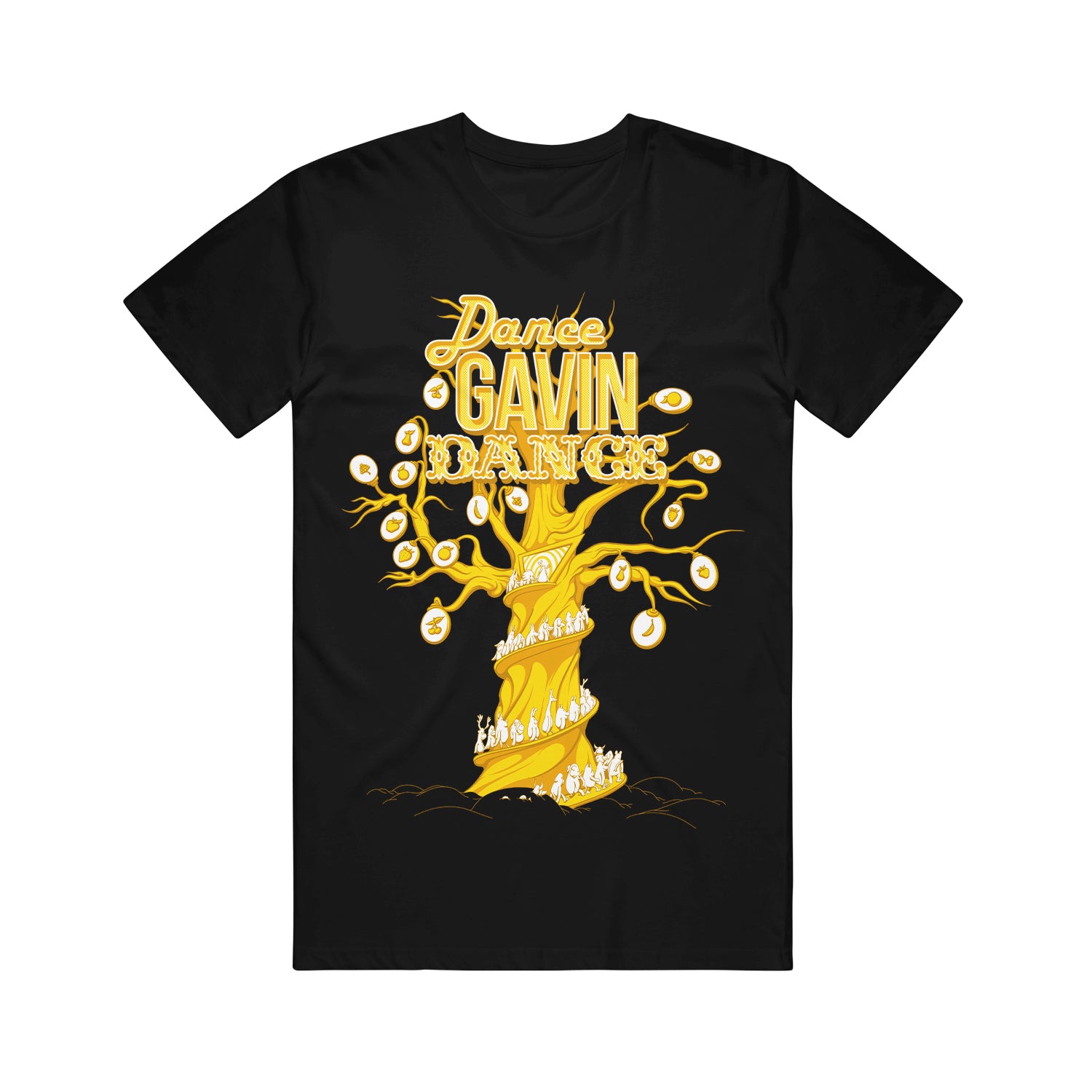 image of a black tee shirt on a white background. tee has full body print in yellow of a tree with characters spiriling around and pods on the bare limbs. at the top says dance gavin dance