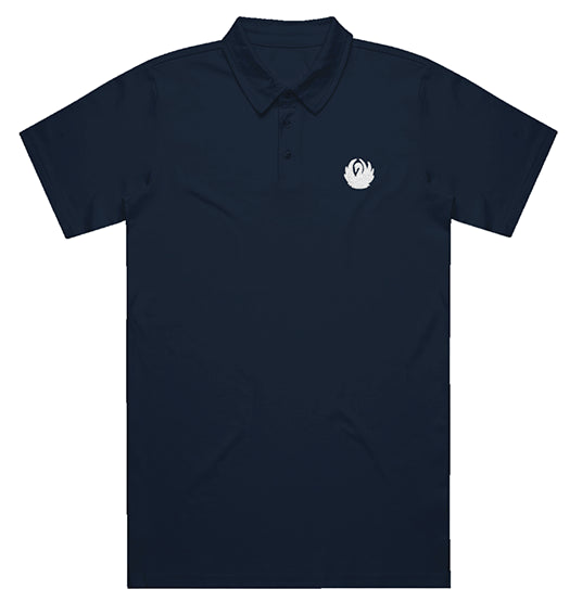 image of a navy polo shirt on a white background. small white embroidery on the right chest of a swan