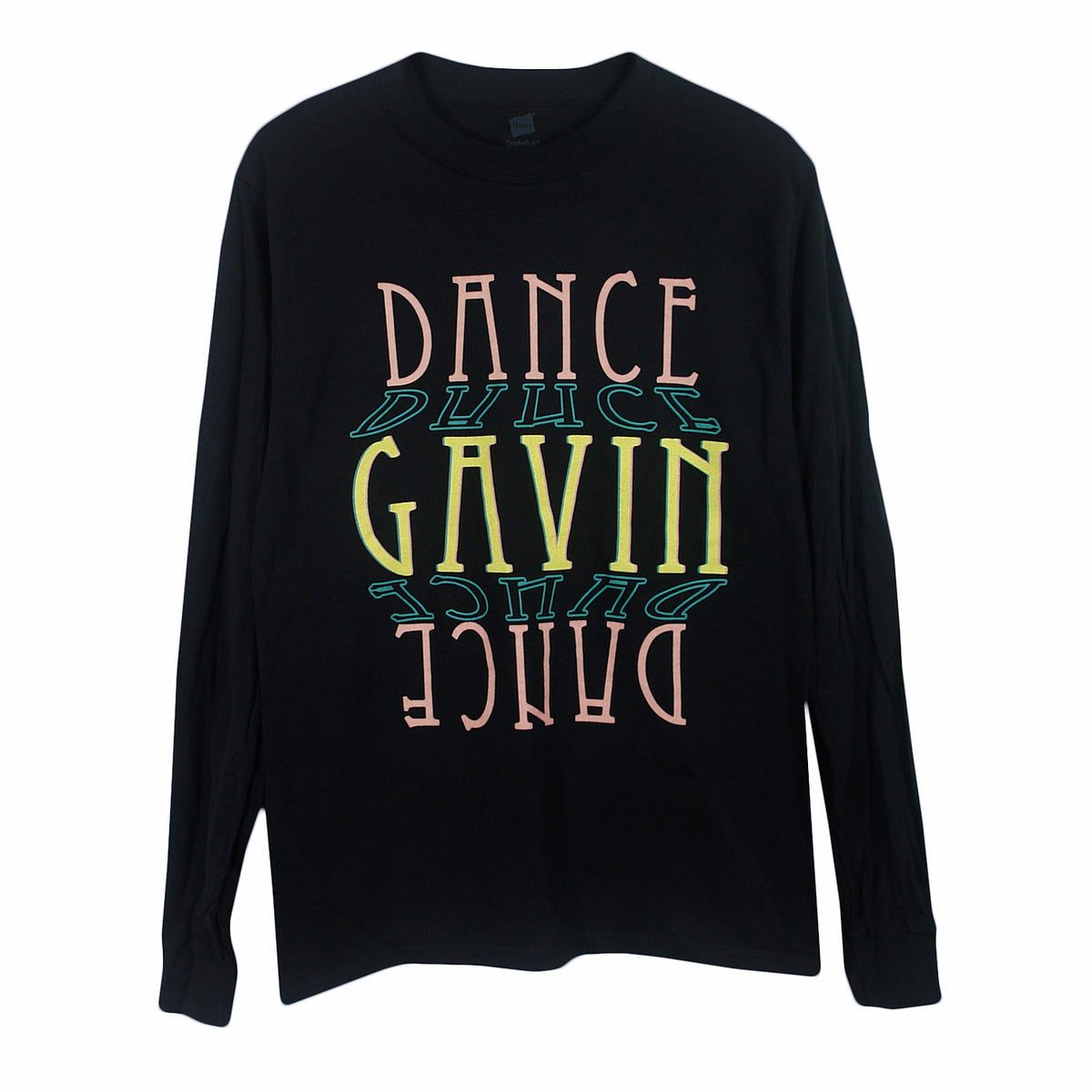 image of a black long sleeve tee shirt on a white background. tee has full body print in stacked tect that says dance gavin dance