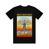 black tee shirt on white background that has full chest print with yellow print on top that says dance gavin dance and a rectangle below that shows a multicolored tree with several characters surrounding it.