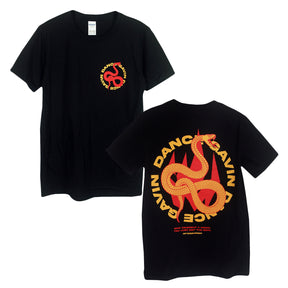image of the front and back of a black tee shirt on a white background. front is on the left and has a small right chest print of a snake. around the snake says dance gavin dance. the back is on the right and has a full back print of a snake. around the snake says dance gavin dance.