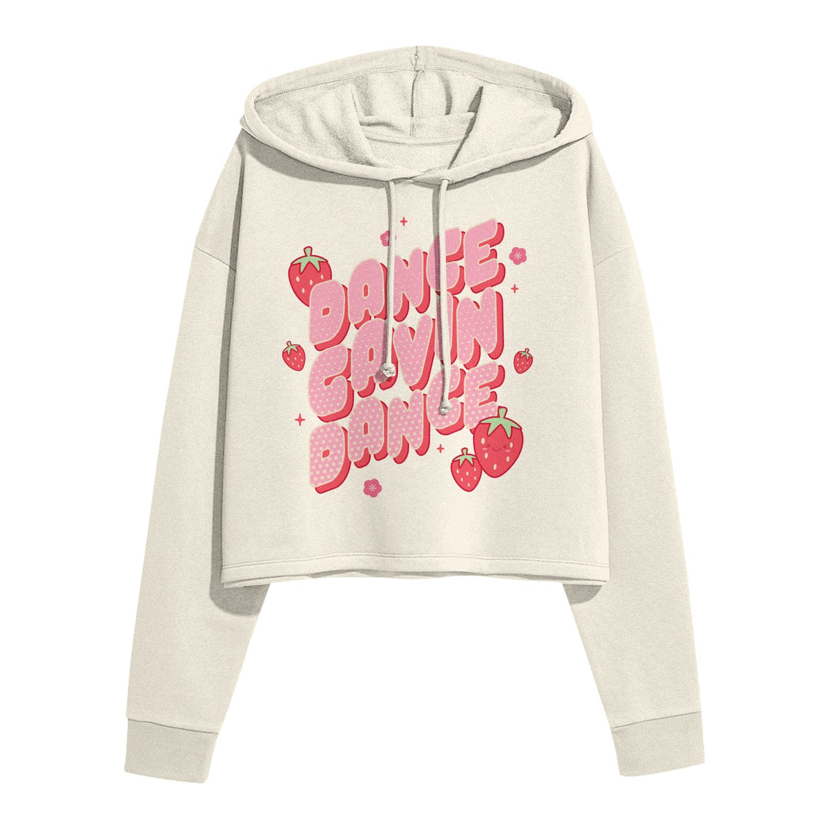 image of a bone colored cropped pullover womens hoodie on a white background. hoodie has a full chest print in pink that says dance gavin dance with strawberries surrounding it