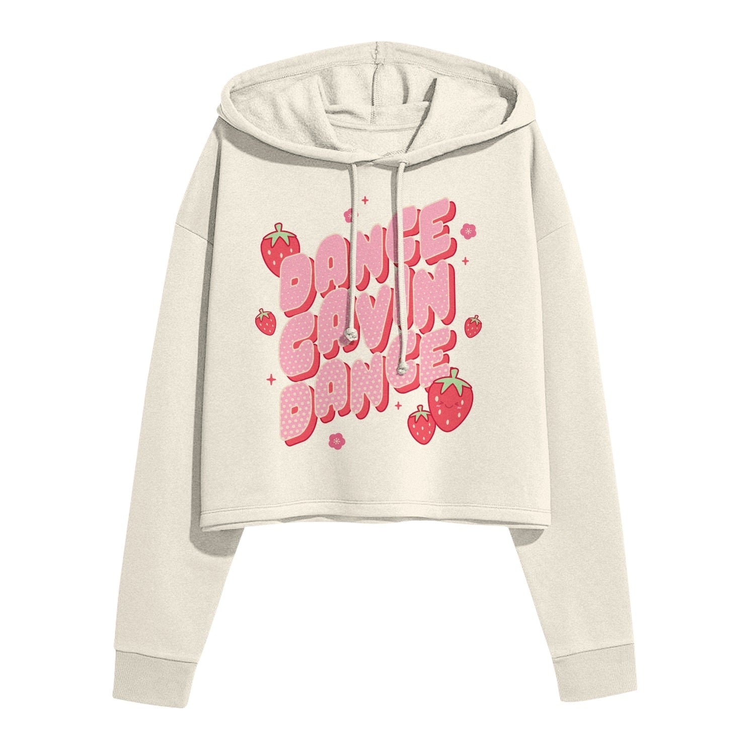 image of a bone colored cropped pullover womens hoodie on a white background. hoodie has a full chest print in pink that says dance gavin dance with strawberries surrounding it