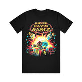 image of the front of a black tee shirt on a white background. tee has full body print that says dance gavin dance with a graphic of a casino heist below