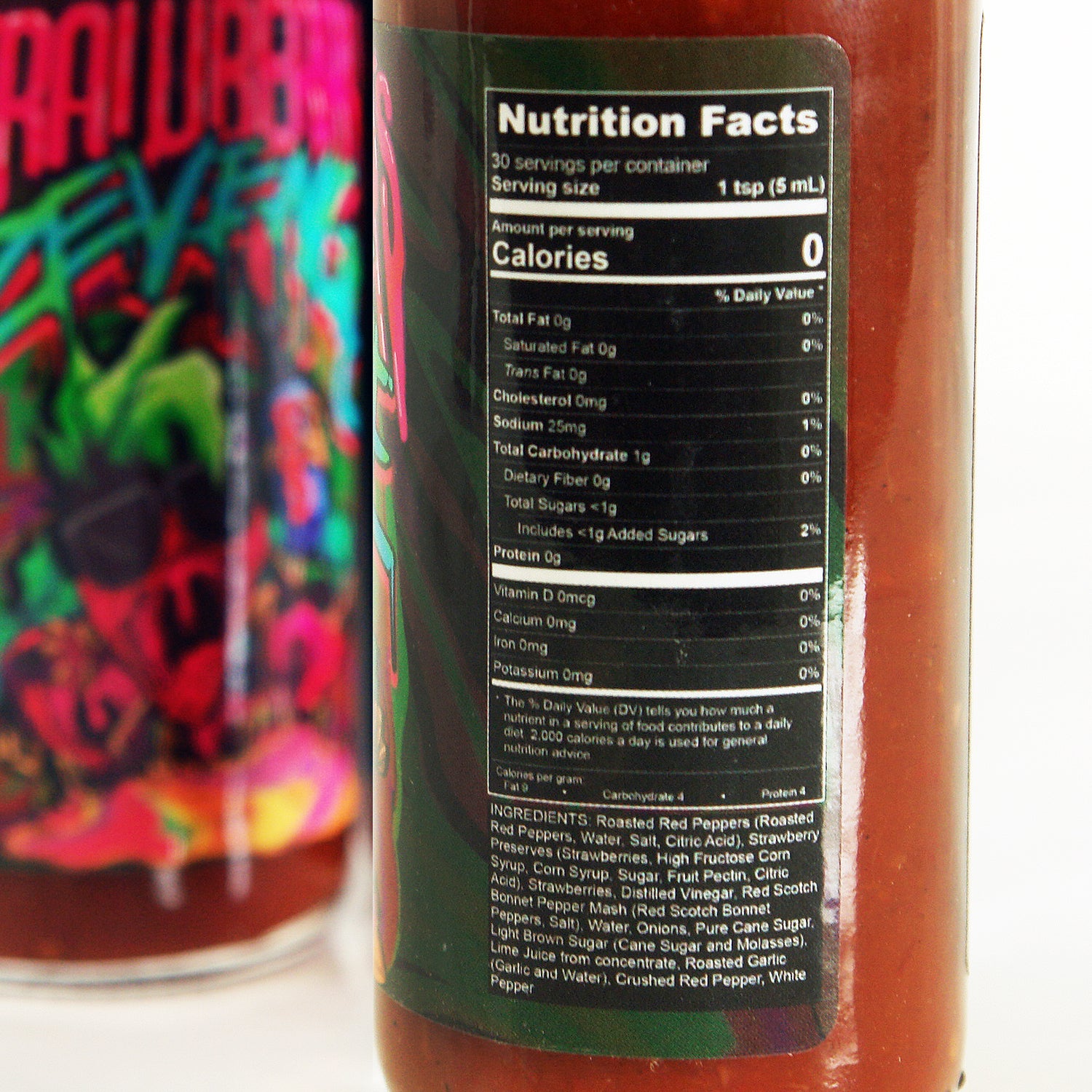 close up image of the back of a the strawberry's revenge hot sauce detailing the nutrition facts